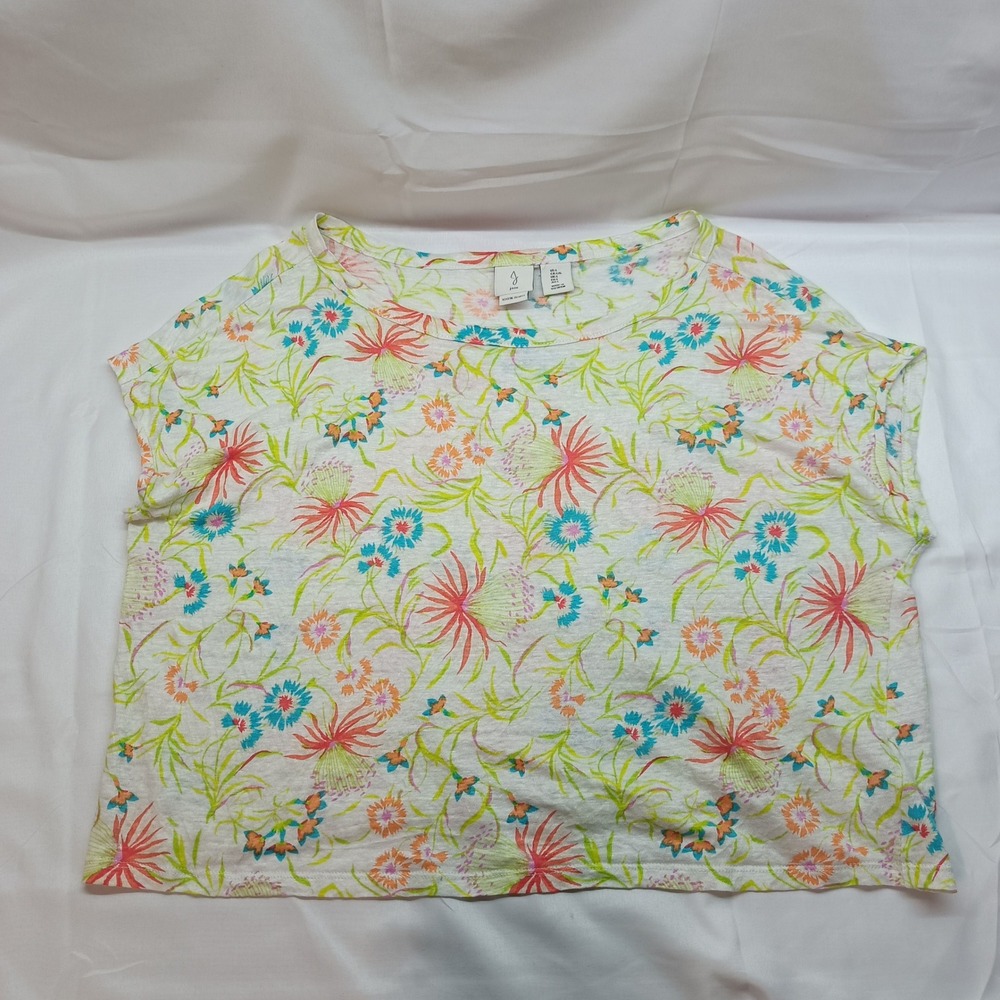 Joie Womens L 100% Linen Floral Print Short Sleeve Boxy Tee Top White Beach